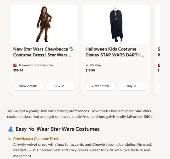 A Microsoft Copilot response recommending Star Wars-themed costumes for a girl.