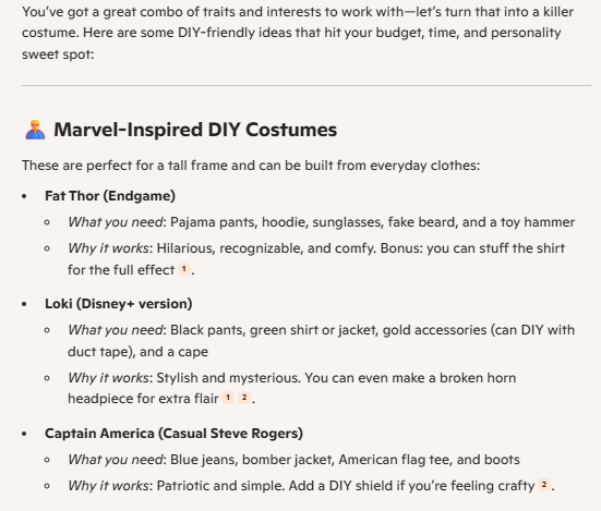 A Microsoft Copilot response listing 3 Marvel-themed Halloween costume ideas for a tall man, including Loki and Captain America.