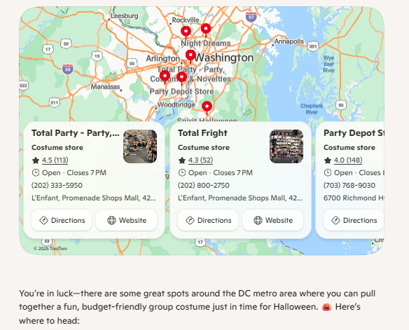 A Microsoft Copilot response showing a map of the DC metro area and Halloween stores.