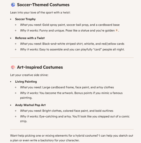 A Microsoft Copilot response listing 2 soccer-themed costume ideas and 2 art-themed costume ideas for a tall man to wear for Halloween.