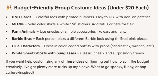 A Microsoft Copilot response listing in bullets easy DIY costume ideas for a group that cost under $20, such as Clue characters and M&Ms.