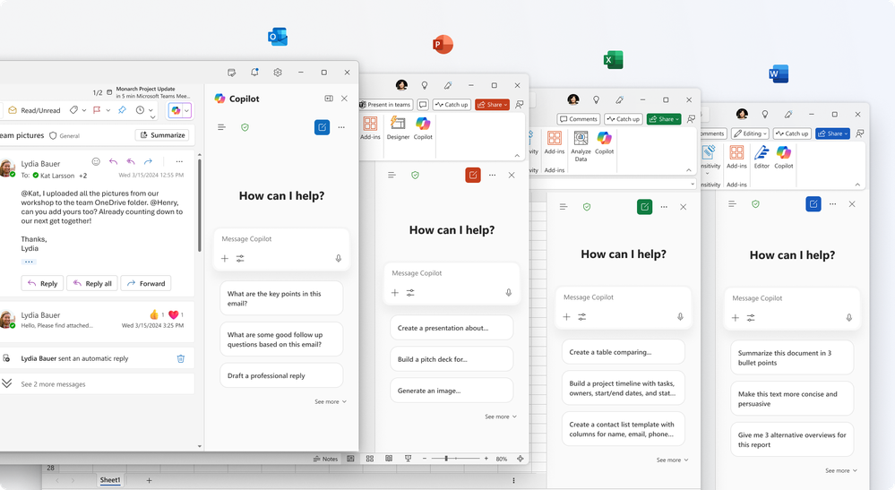 Overlapping app windows for Outlook, PowerPoint, Excel, and Word showing Copilot Chat open in a side pane.