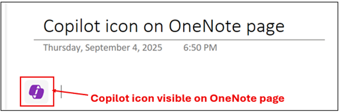 A screenshot of a Microsoft OneNote page with the Copilot icon next to a cursor.