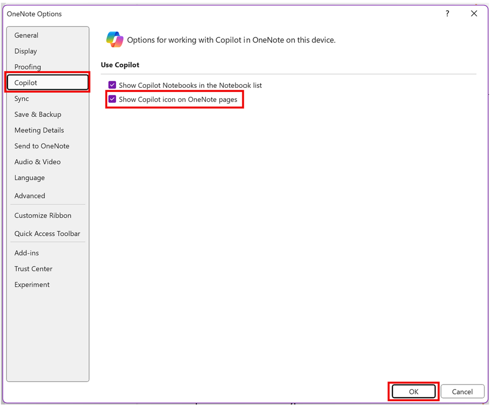 A screenshot of Microsoft OneNote on Windows settings to select the option to Show Copilot icon on OneNote pages.