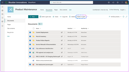 A screenshot of Microsoft SharePoint with the Create an agent button highlighted on a page of folders.