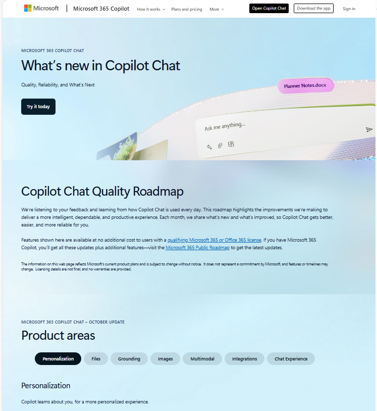 A screenshot of the webpage for the Copilot Chat Quality Roadmap with the first Product area listed.