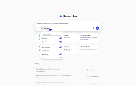 A computer screenshot of Researcher in Microsoft 365 Copilot with the option selected for Sources.