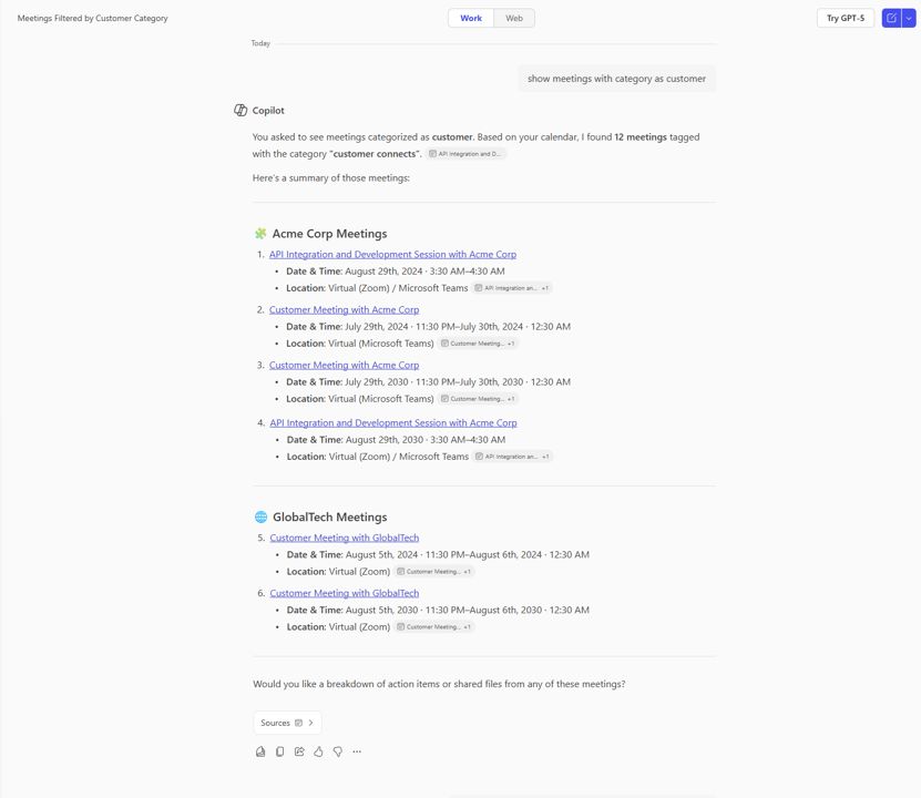 Copilot Chat interface where a user has asked to show meetings with a category as customer and Copilot responding with a list of categorized meetings.