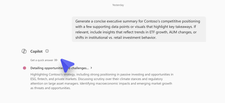 Image of Copilot Chat using the GPT-5 reasoning model and the cursor hovering over the “Get a quick answer” reasoning bypass button.