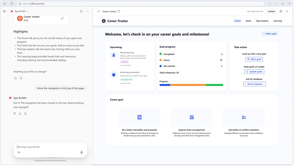 An screenshot of App Builder creating an app called Career tracker for checking career goals and milestones.