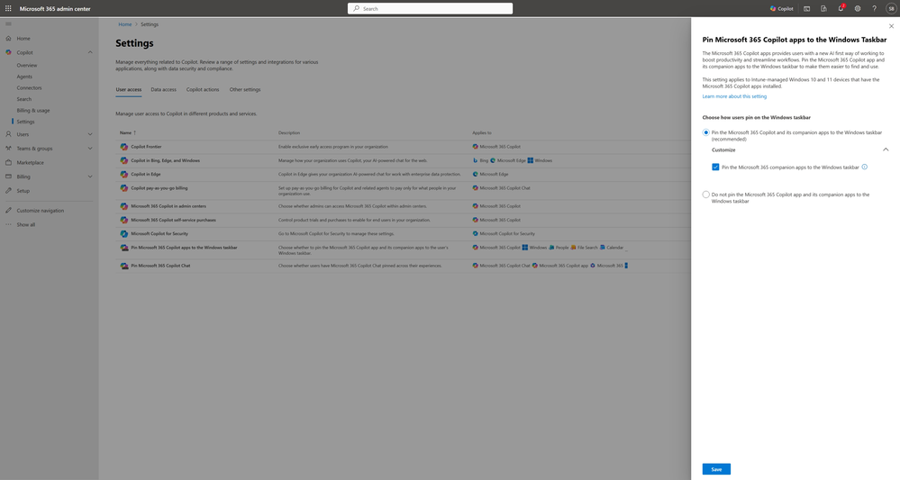 A Microsoft 365 admin center window showing the settings section with an option to Pin Microsoft 365 Copilot apps to the Windows Taskbar.
