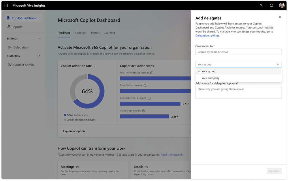 A settings page within the Copilot Dashboard shows how managers can add delegates to personal insights.