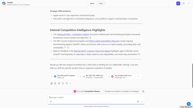 A screenshot of a Copilot chat showing Internal Competitive Intelligence Highlights and a recommendation to try the Competitive Research agent.