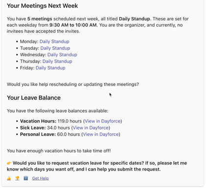 A Copilot response explaining how many meetings are next week and the user’s leave balance.