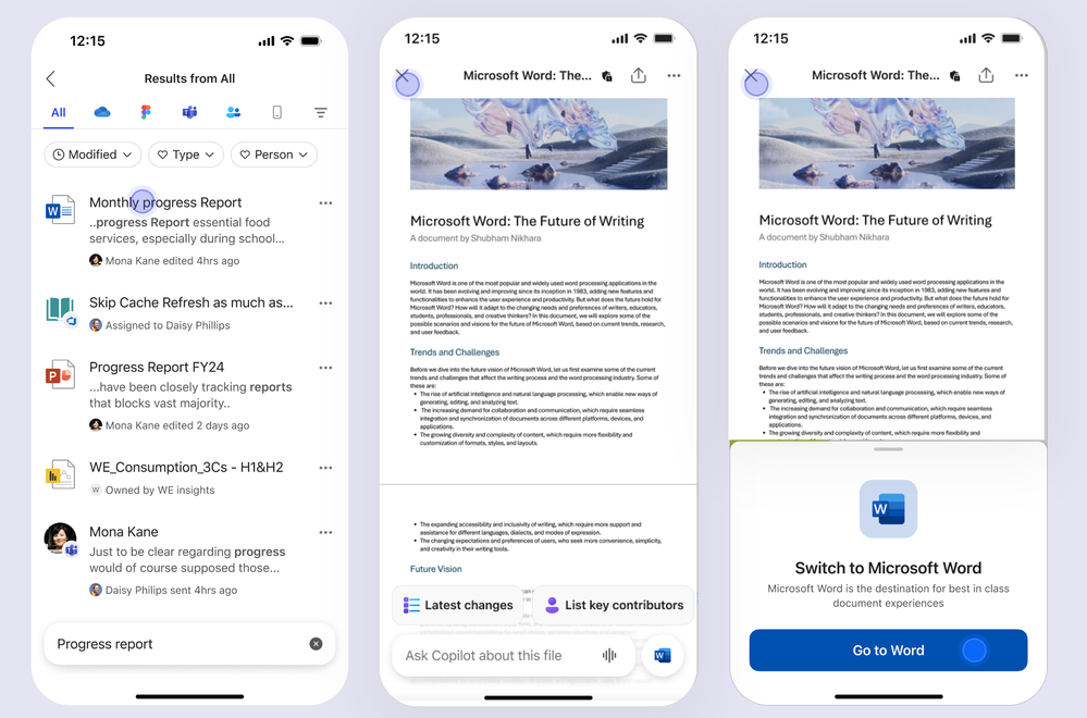 Image of opening a Word document on the Microsoft 365 Copilot iPhone app in the file preview experience, with a Copilot prompt box and prompt suggestions overlaying the preview.