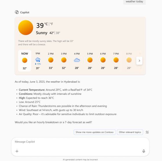 Image of a Bing web card for weather in Copilot Chat.