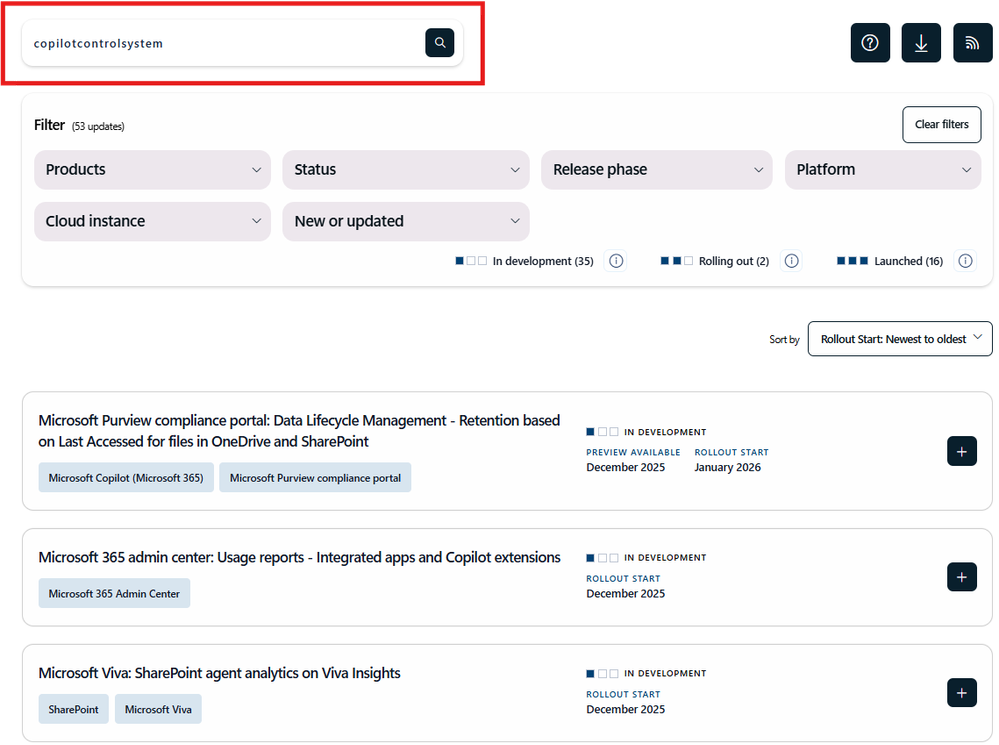 : A query on Microsoft 365 Public Roadmap showing a list of features below.
