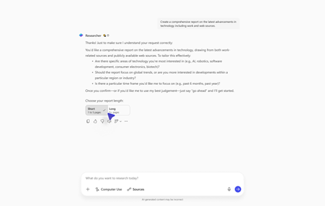 A computer screenshot of Researcher in Microsoft 365 Copilot with the option selected for Short.