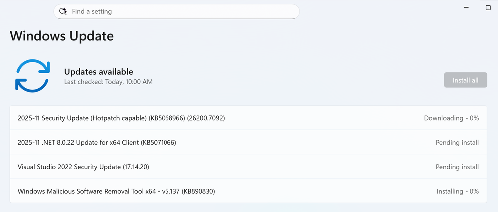 The Windows Update settings page shows a monthly security update and a .NET update with the new update title structure