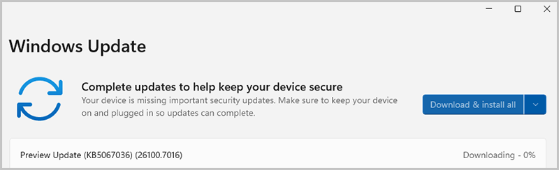 Screenshot of the Windows Update page showing that the Preview Update has begun to download.