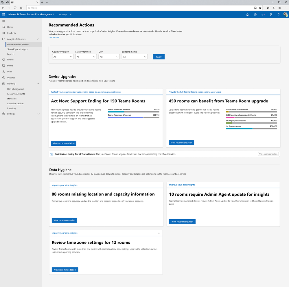 The Recommended Actions page in the Teams Pro Management Portal