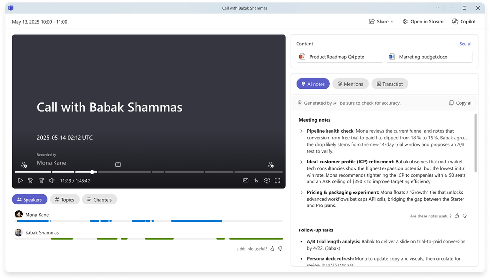The Intelligent recap popout window in the Calls app
