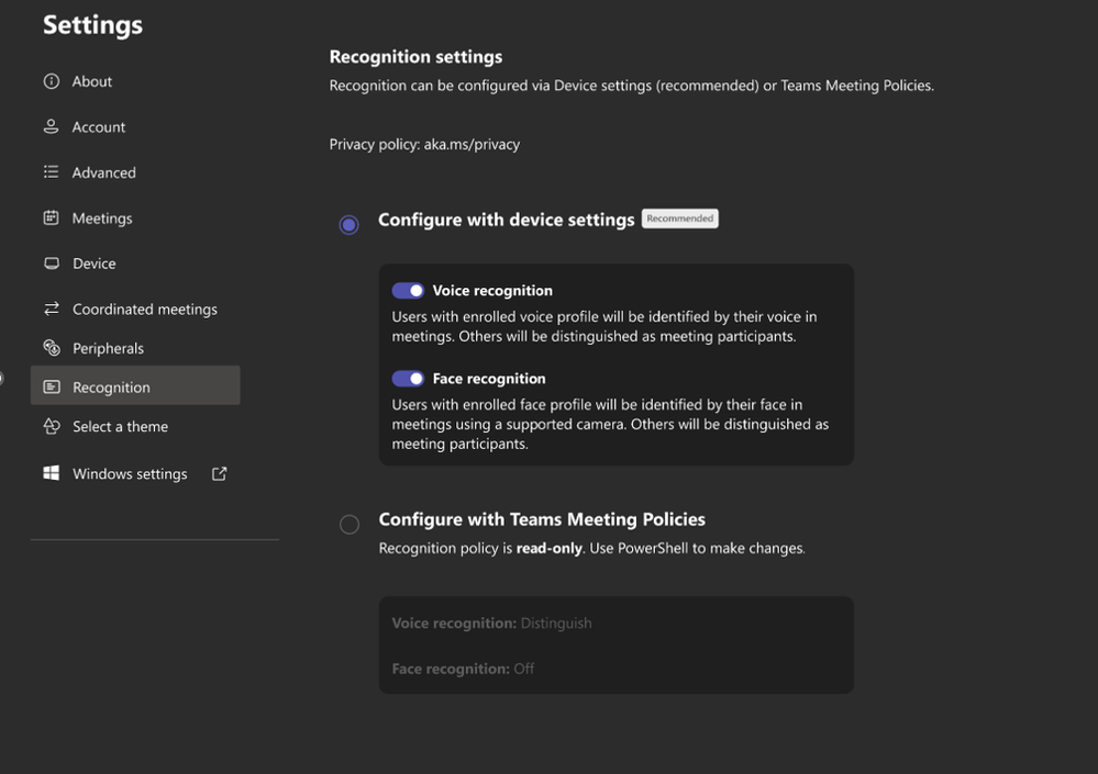 The voice and face recognition settings in Teams Rooms