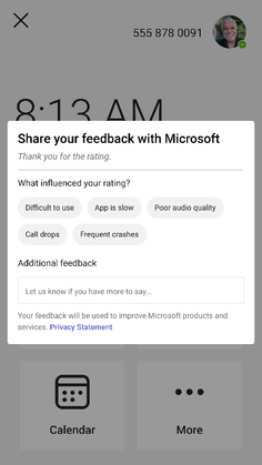 The Share Feedback popup on a phone device, showing feedback options.