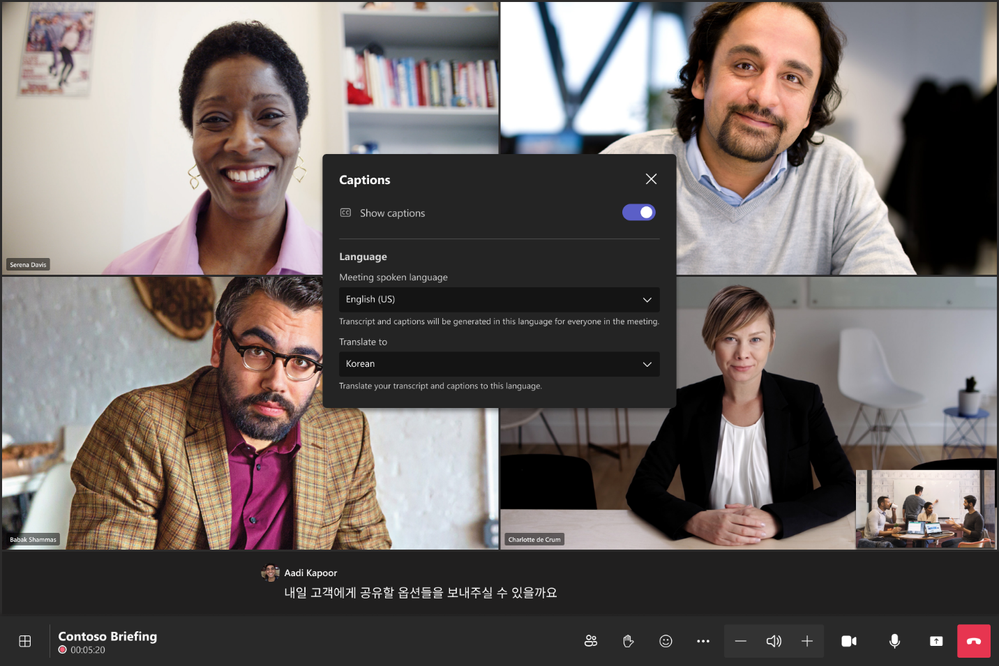 The live caption translation language selection popup, showing the selection for meeting language and translation language.