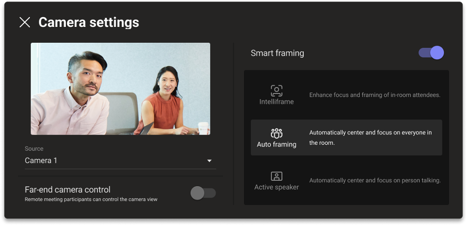 The Cloud IntelliFrame, camera settings popup, showing selectable options.
