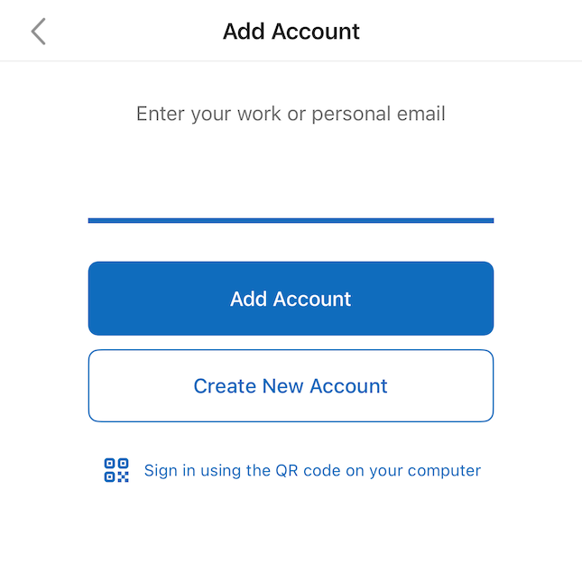 Add email account window in Outlook for iOS