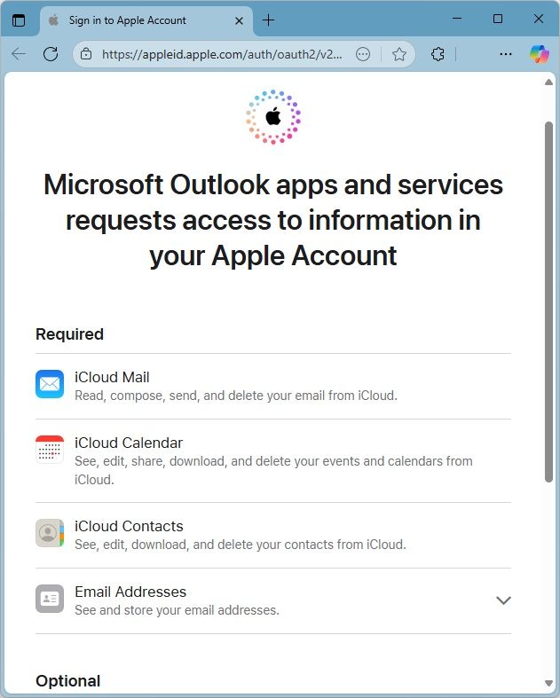 Allow Microsoft Outlook apps and services access to your Apple Account page in your browser