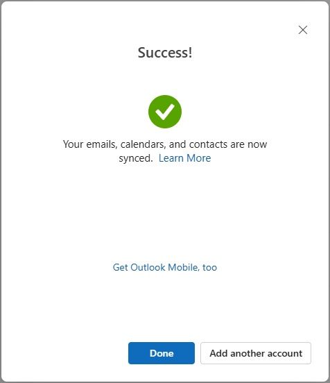 Email account setup success window in the new Outlook for Windows