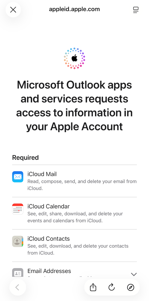 Allow Microsoft Outlook apps and services access to your Apple Account page