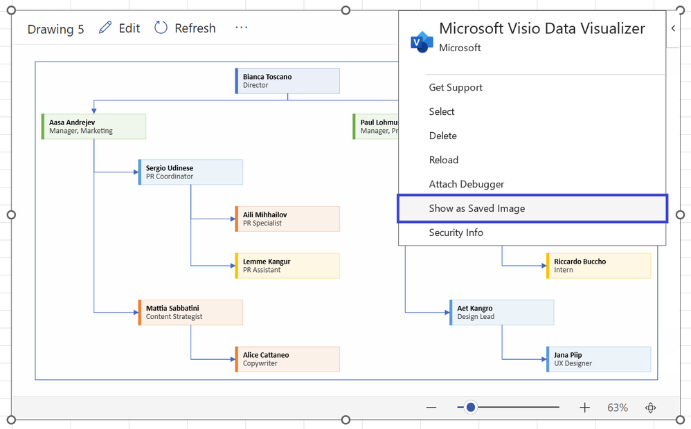 A screenshot of the Data Visualizer add-in window showing how to navigate to the Show as Saved Image option. The Show as Saved Image option is highlighted with a blue box.