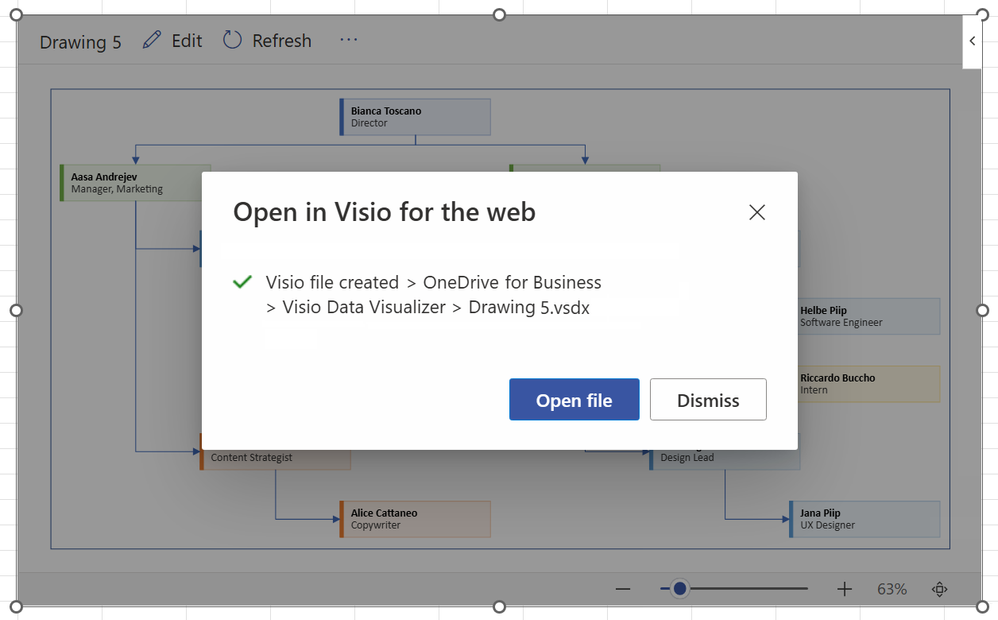 A screenshot of a confirmation dialogue box after user has selected the Open in web option. User can now select the Open file button to open the file in Visio for the web.