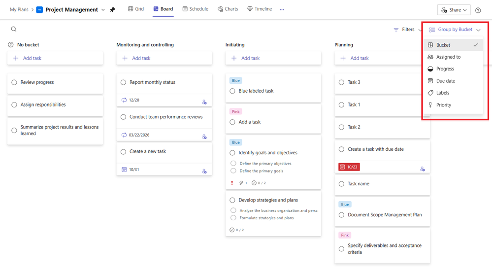 A screenshot of the Group by Bucket option in Microsoft Planner.