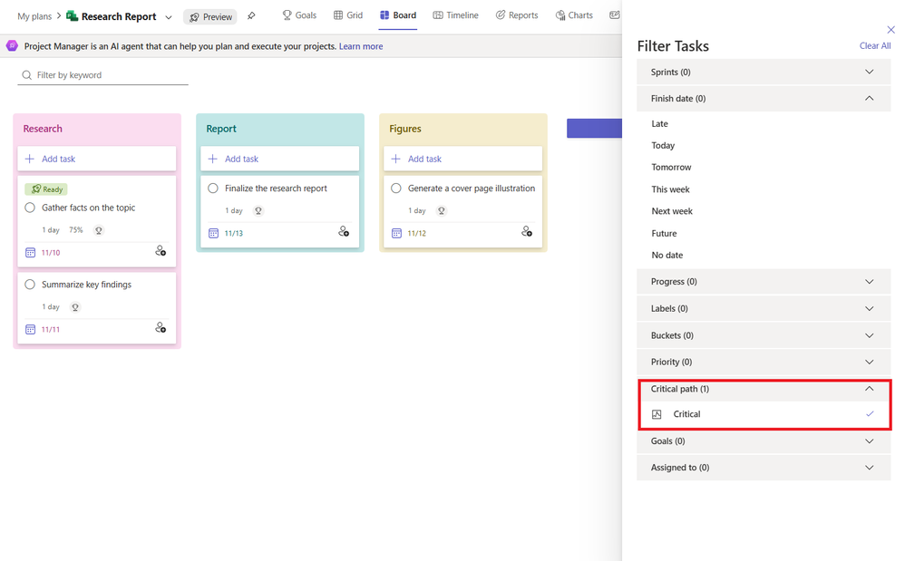 A screenshot of the Critical path filter in Microsoft Planner.
