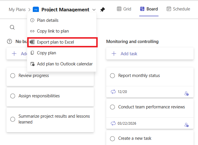 A screenshot of the Export plan to Excel option in Microsoft Planner.