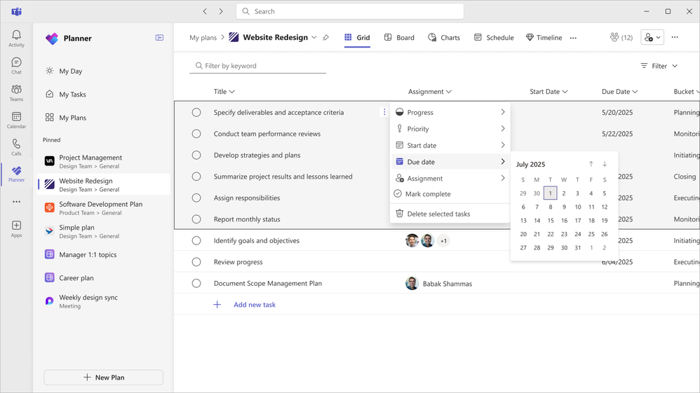 A screenshot of Microsoft Planner with multiple tasks selected and changing the Due date.