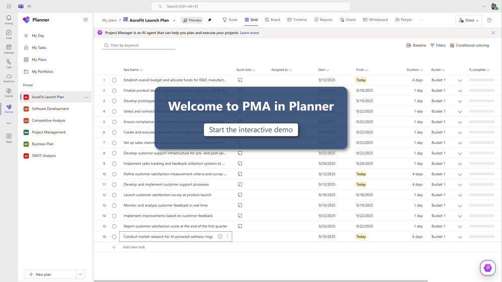 A screenshot of the Project Manager agent demo in Microsoft Planner.