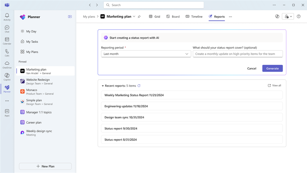 The Start creating a status report with AI option in Microsoft Planner.