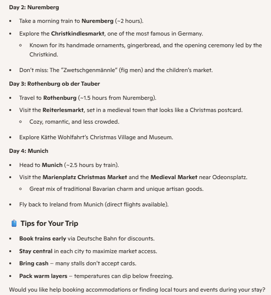 A Microsoft Copilot response for Day 2-4 itineraries for a trip to the German Christmas markets.