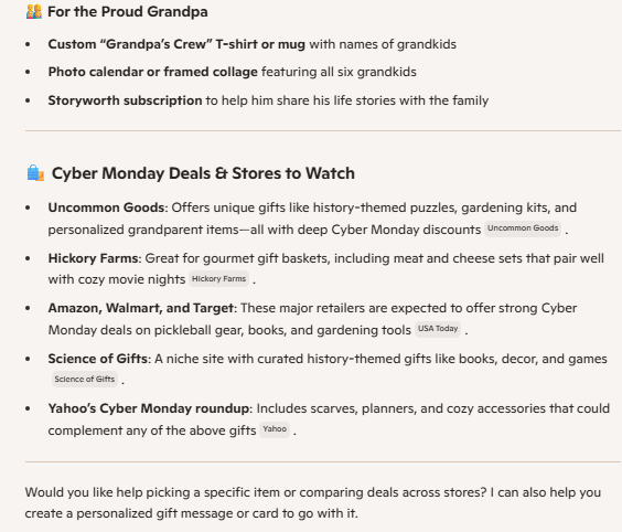 A Microsoft Copilot response for Cyber Monday deals for gifts for a grandpa.