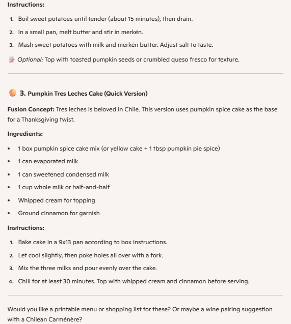 A Microsoft Copilot response for Chile-themed Thanksgiving dishes, including pumpkin tres leches cake.