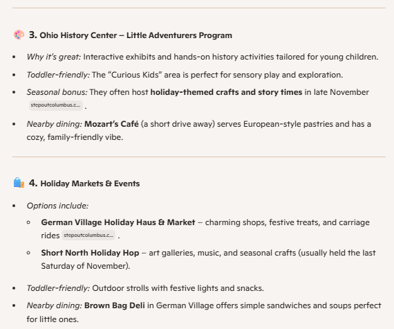 A Microsoft Copilot response of activities to do in Columbus, Ohio, in November, including holiday markets and the Ohio History Center.