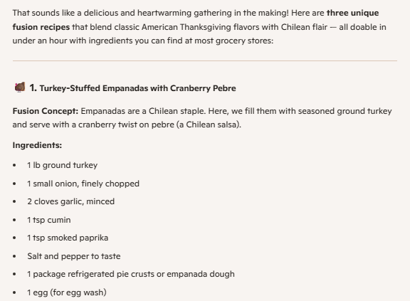 A Microsoft Copilot response for a recipe for a Chile-themed Thanksgiving dish, including turkey-stuffed empanadas.