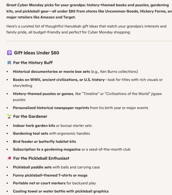 A Microsoft Copilot response for Hanukkah gifts for a grandpa who likes history and gardening.
