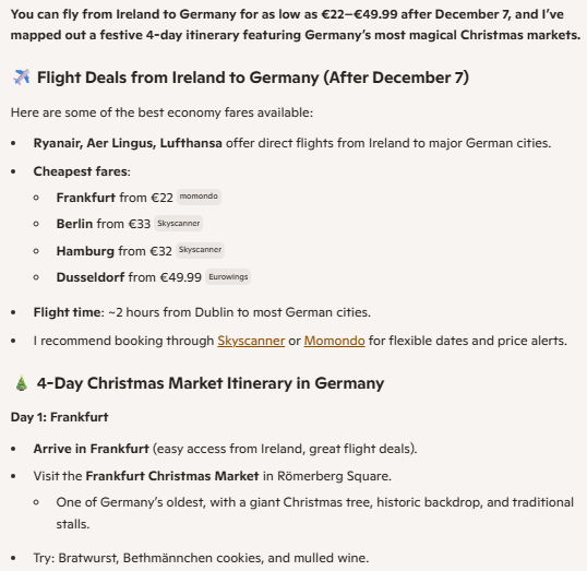 A Microsoft Copilot response for Ireland to Germany flights and a Day 1 itinerary to visit the German Christmas markets in Frankfurt.