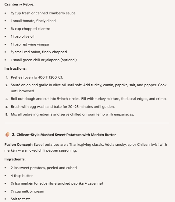 A Microsoft Copilot response for Chile-themed Thanksgiving dishes, including mashed sweet potatoes.